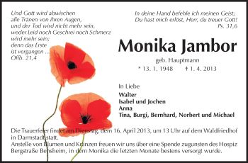 Traueranzeige von Monika Jambor von Echo-Zeitungen (Gesamtausgabe)
