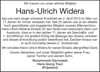 Traueranzeige von Hans-Ulrich Widera von Darmstädter Echo, Odenwälder Echo, Rüsselsheimer Echo, Groß-Gerauer-Echo, Ried Echo