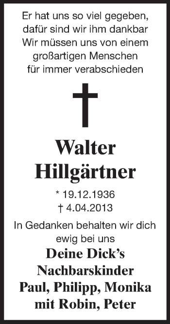 Traueranzeige von Walter Hillgärtner von Echo-Zeitungen (Gesamtausgabe)