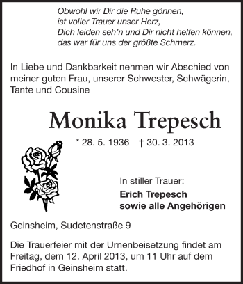 Traueranzeige von Monika Trepesch von Rüsselsheimer Echo, Groß-Gerauer-Echo, Ried Echo