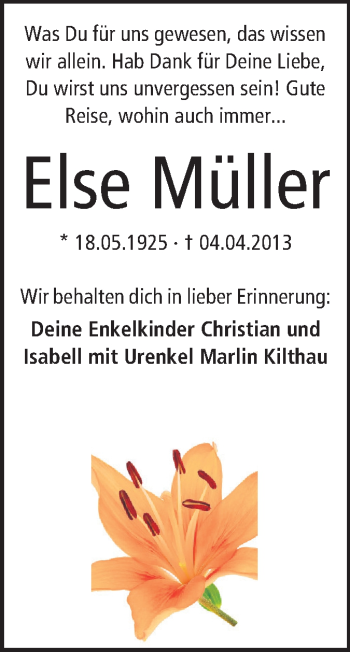 Traueranzeige von Else Müller von Odenwälder Echo