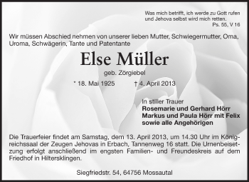 Traueranzeige von Else Müller von Odenwälder Echo