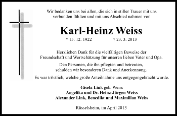 Traueranzeige von Karl-Heinz Weiss von Rüsselsheimer Echo, Groß-Gerauer-Echo, Ried Echo