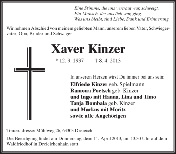 Traueranzeige von Xaver Kinzer von Echo-Zeitungen (Gesamtausgabe)