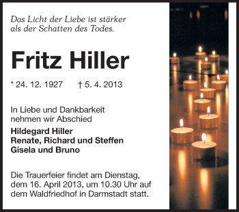 Traueranzeige von Fritz Hiller von Echo-Zeitungen (Gesamtausgabe)