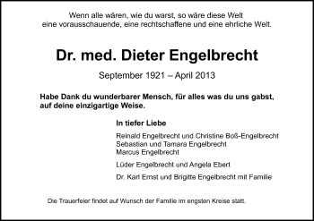 Traueranzeige von Dieter Engelbrecht von Echo-Zeitungen (Gesamtausgabe)
