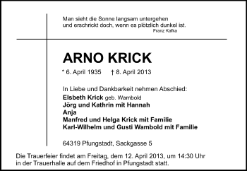 Traueranzeige von Arno Krick von Echo-Zeitungen (Gesamtausgabe)