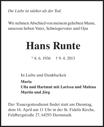 Traueranzeige von Hans Runte von Echo-Zeitungen (Gesamtausgabe)