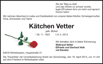 Traueranzeige von Kätchen Vetter von Odenwälder Echo
