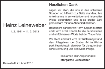 Traueranzeige von Heinz Leineweber von Echo-Zeitungen (Gesamtausgabe)