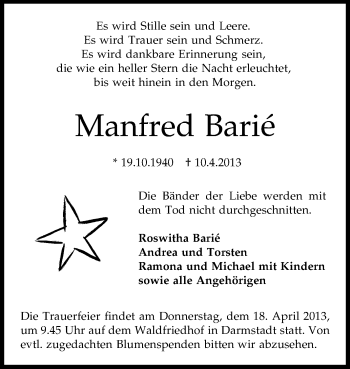 Traueranzeige von Manfred Barie von Echo-Zeitungen (Gesamtausgabe)
