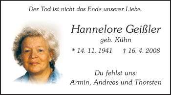 Traueranzeige von Hannelore Geißler von Echo-Zeitungen (Gesamtausgabe)