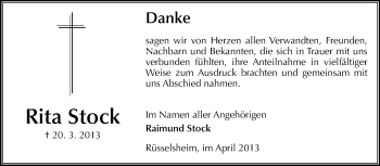 Traueranzeige von Rita Stock von Rüsselsheimer Echo, Groß-Gerauer-Echo, Ried Echo