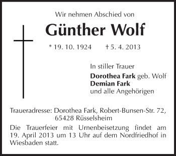 Traueranzeige von Günter Wolf von Rüsselsheimer Echo, Groß-Gerauer-Echo, Ried Echo