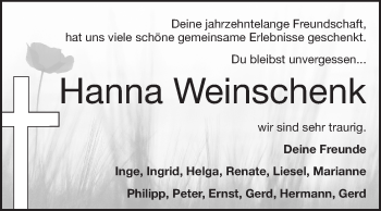 Traueranzeige von Hanna Weinschenk von Echo-Zeitungen (Gesamtausgabe)