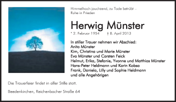 Traueranzeige von Herwig Münster von Echo-Zeitungen (Gesamtausgabe)