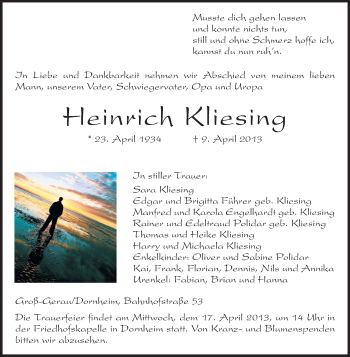 Traueranzeige von Heinrich Kliesing von Rüsselsheimer Echo, Groß-Gerauer-Echo, Ried Echo