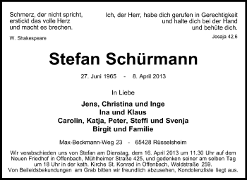 Traueranzeige von Stefan Schürmann von Rüsselsheimer Echo, Groß-Gerauer-Echo, Ried Echo
