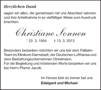 Traueranzeige von Christiane Sonnen von Echo-Zeitungen (Gesamtausgabe)