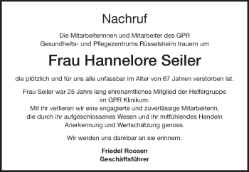 Traueranzeige von Hannelore Seiler von Rüsselsheimer Echo, Groß-Gerauer-Echo, Ried Echo