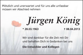 Traueranzeige von Jürgen König von Echo-Zeitungen (Gesamtausgabe)