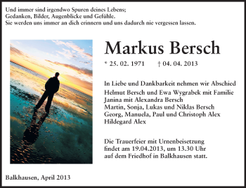 Traueranzeige von Markus Bersch von Echo-Zeitungen (Gesamtausgabe)