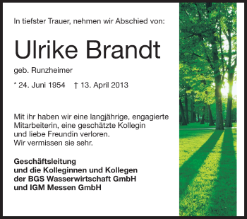 Traueranzeige von Ulrike Brandt von Echo-Zeitungen (Gesamtausgabe)
