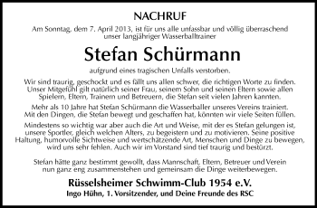 Traueranzeige von Stefan Schürmann von Rüsselsheimer Echo, Groß-Gerauer-Echo, Ried Echo