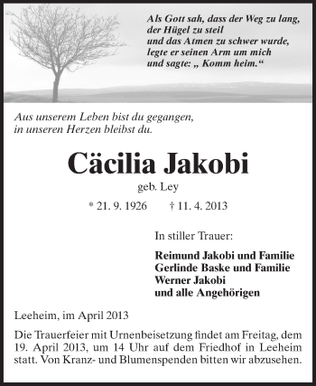 Traueranzeige von Cäcilia Jakobi von Rüsselsheimer Echo, Groß-Gerauer-Echo, Ried Echo
