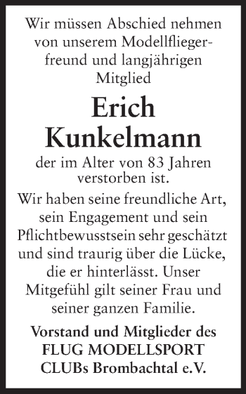 Traueranzeige von Erich Kunkelmann von Odenwälder Echo