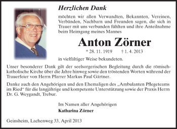 Traueranzeige von Anton Zörner von Rüsselsheimer Echo, Groß-Gerauer-Echo, Ried Echo