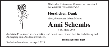 Traueranzeige von Anni Schembs von Echo-Zeitungen (Gesamtausgabe)