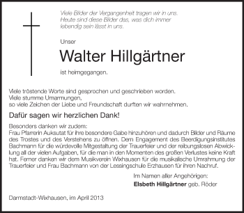 Traueranzeige von Walter Hillgärtner von Echo-Zeitungen (Gesamtausgabe)