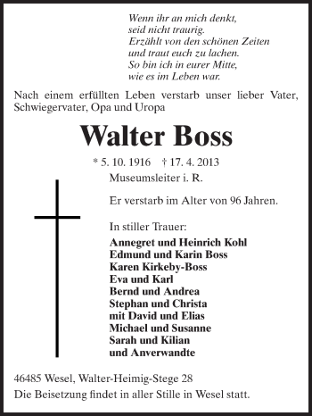 Traueranzeige von Walter Boss von Echo-Zeitungen (Gesamtausgabe)