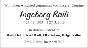 Traueranzeige von Ingeborg Raiß von Rüsselsheimer Echo, Groß-Gerauer-Echo, Ried Echo