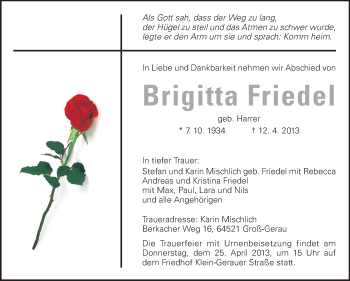 Traueranzeige von Brigitta Friedel von Rüsselsheimer Echo, Groß-Gerauer-Echo, Ried Echo