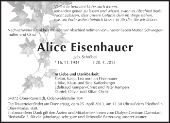 Traueranzeige von Alice Eisenhauer von Darmstädter Echo, Odenwälder Echo, Rüsselsheimer Echo, Groß-Gerauer-Echo, Ried Echo