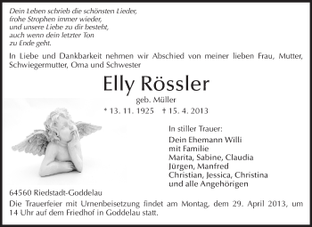 Traueranzeige von Elly Rössler von Rüsselsheimer Echo, Groß-Gerauer-Echo, Ried Echo
