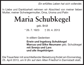 Traueranzeige von Maria Schubkegel von Darmstädter Echo, Odenwälder Echo, Rüsselsheimer Echo, Groß-Gerauer-Echo, Ried Echo