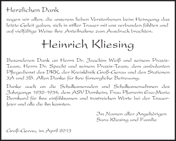Traueranzeige von Heinrich Kliesing von Rüsselsheimer Echo, Groß-Gerauer-Echo, Ried Echo