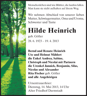 Traueranzeige von Hilde Heinrich von Echo-Zeitungen (Gesamtausgabe)