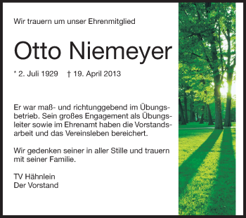 Traueranzeige von Otto Niemeyer von Echo-Zeitungen (Gesamtausgabe)
