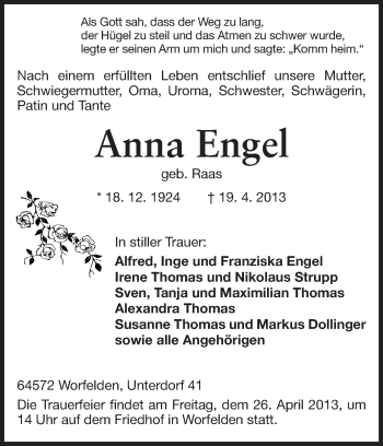 Traueranzeige von Anna Engel von Rüsselsheimer Echo, Groß-Gerauer-Echo, Ried Echo