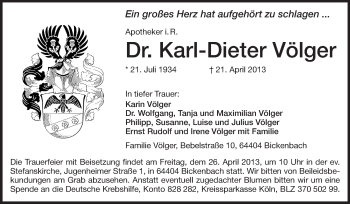 Traueranzeige von Karl-Dieter Völger von Echo-Zeitungen (Gesamtausgabe)