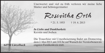 Traueranzeige von Roswitha Orth von Odenwälder Echo