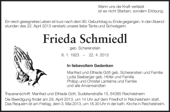Traueranzeige von Frieda Schmiedl von Odenwälder Echo