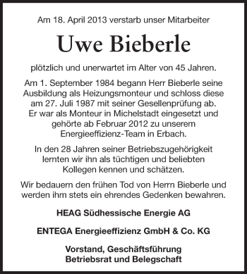 Traueranzeige von Uwe Bieberle von Echo-Zeitungen (Gesamtausgabe)