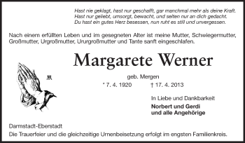 Traueranzeige von Margarete Werner von Echo-Zeitungen (Gesamtausgabe)
