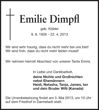 Traueranzeige von Emilie Dimpfl von Echo-Zeitungen (Gesamtausgabe)