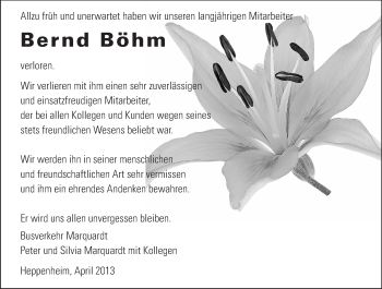 Traueranzeige von Bernd Böhm von Starkenburger Echo, Bergsträßer Anzeiger